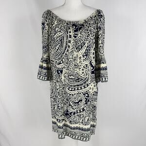 Umgee Women's Off The Shoulder Boho Dress Small Navy Blue Paisley